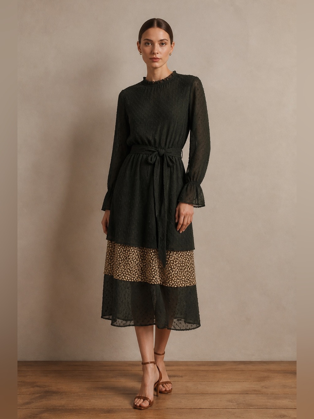 bohme Black Long-Sleeve Tiered Midi Dress with Animal-Print Panel